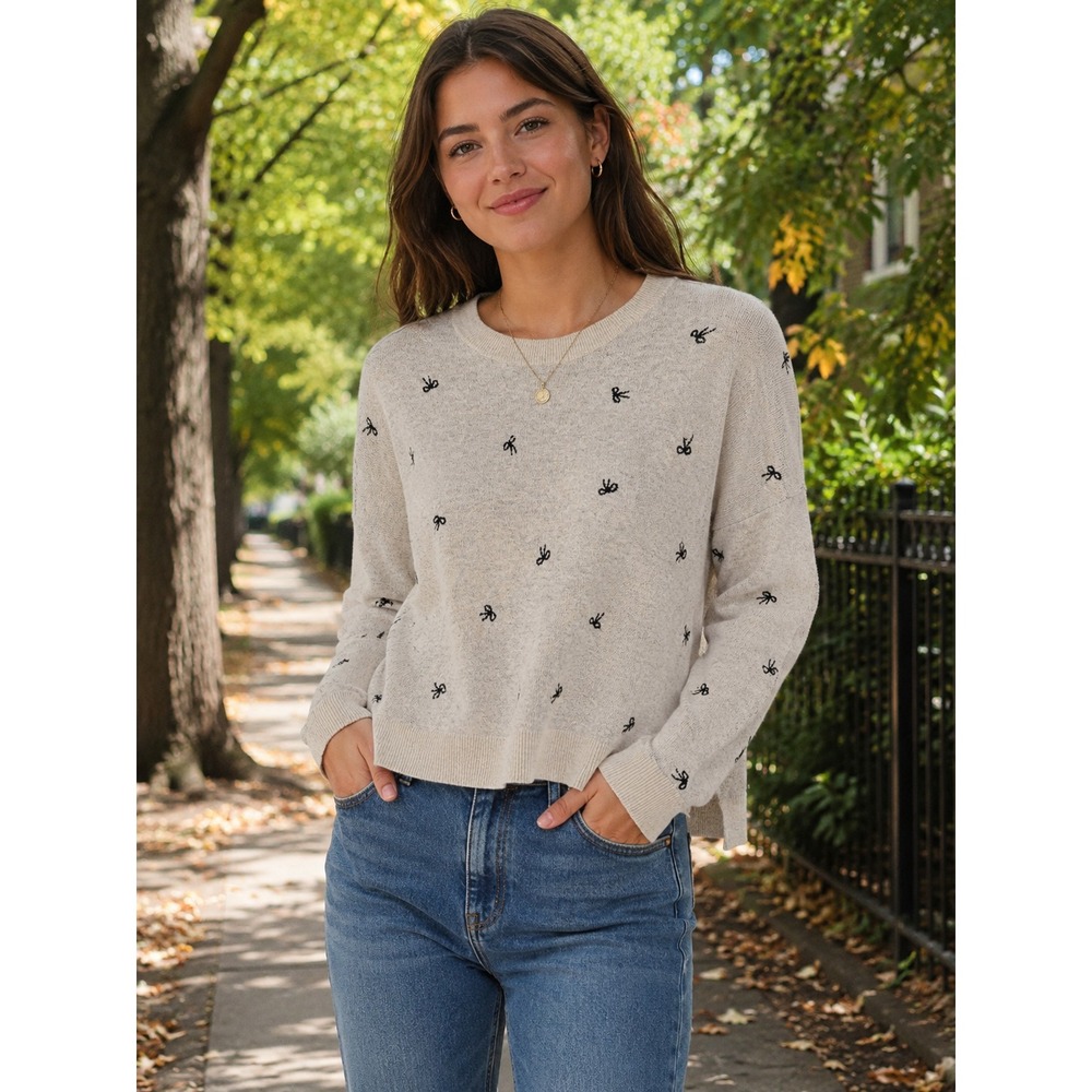 Madewell Ivory Beige Bow Print Knit Cashmere Blend Sweater Sz M Feminine Preppy
